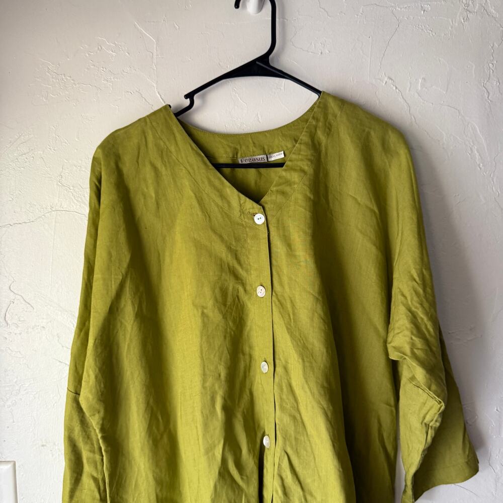 Pegasus 100% Linen Asymmetrical Tunic Top Green Reg One‎ Size Made in India - Picture 2 of 11